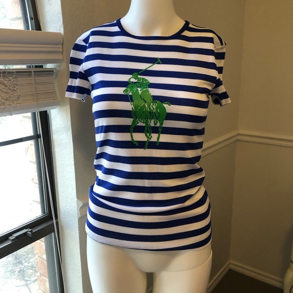 Ralph Lauren Golf tee, Blue striped tee with green polo graphic! Small - Picture 2 of 5